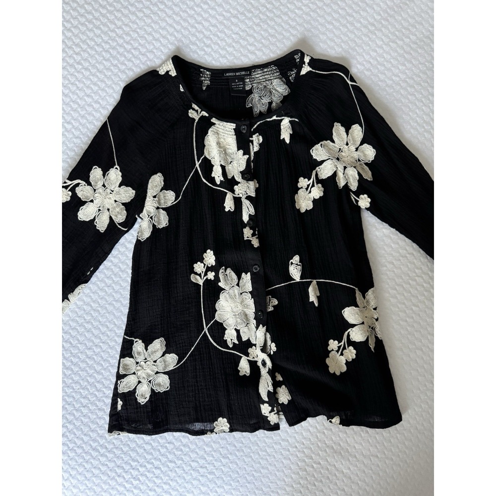 LAUREN MICHELLE Women's S Cotton Floral Embroidered Blouse Black Beige